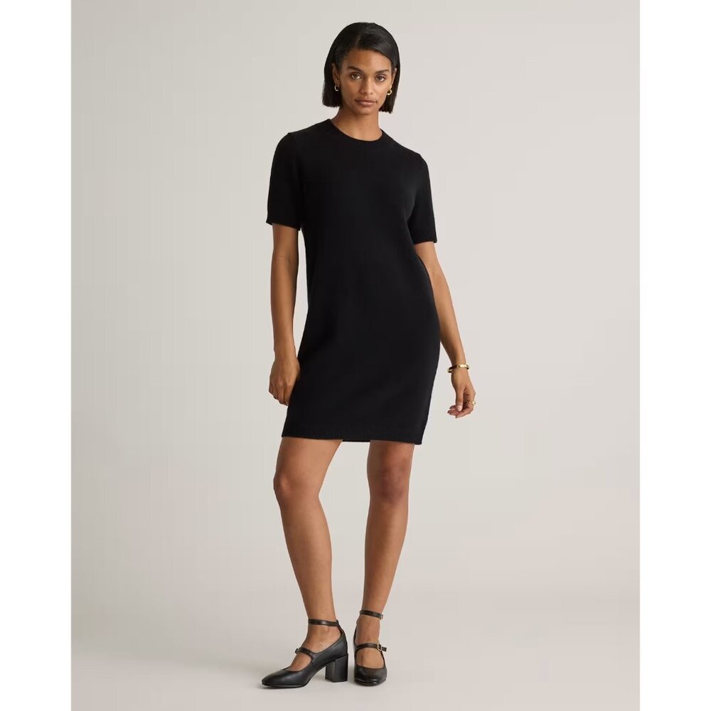 NWT Quince Short-sleeve Cashmere Crewneck Mini in Black Sweater Dress M